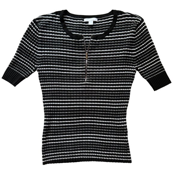 NY & Co Black & white striped, short sleeve, ribbed sweater zipper front Size L - Picture 1 of 6